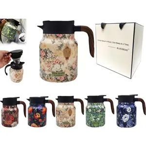 Vintage Floral Pattern Teapot with Infuser for Loose Tea, Stainless Steel Thermal Carafe with Lid for Hot Drinks (Pink, Wooden handle)