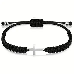 1PC Adjustable Stainless Steel Woven Cross Pendant Handwoven Unisex Couple Fashion Knot Bracelet, Simple Versatile Handicraft Accessory