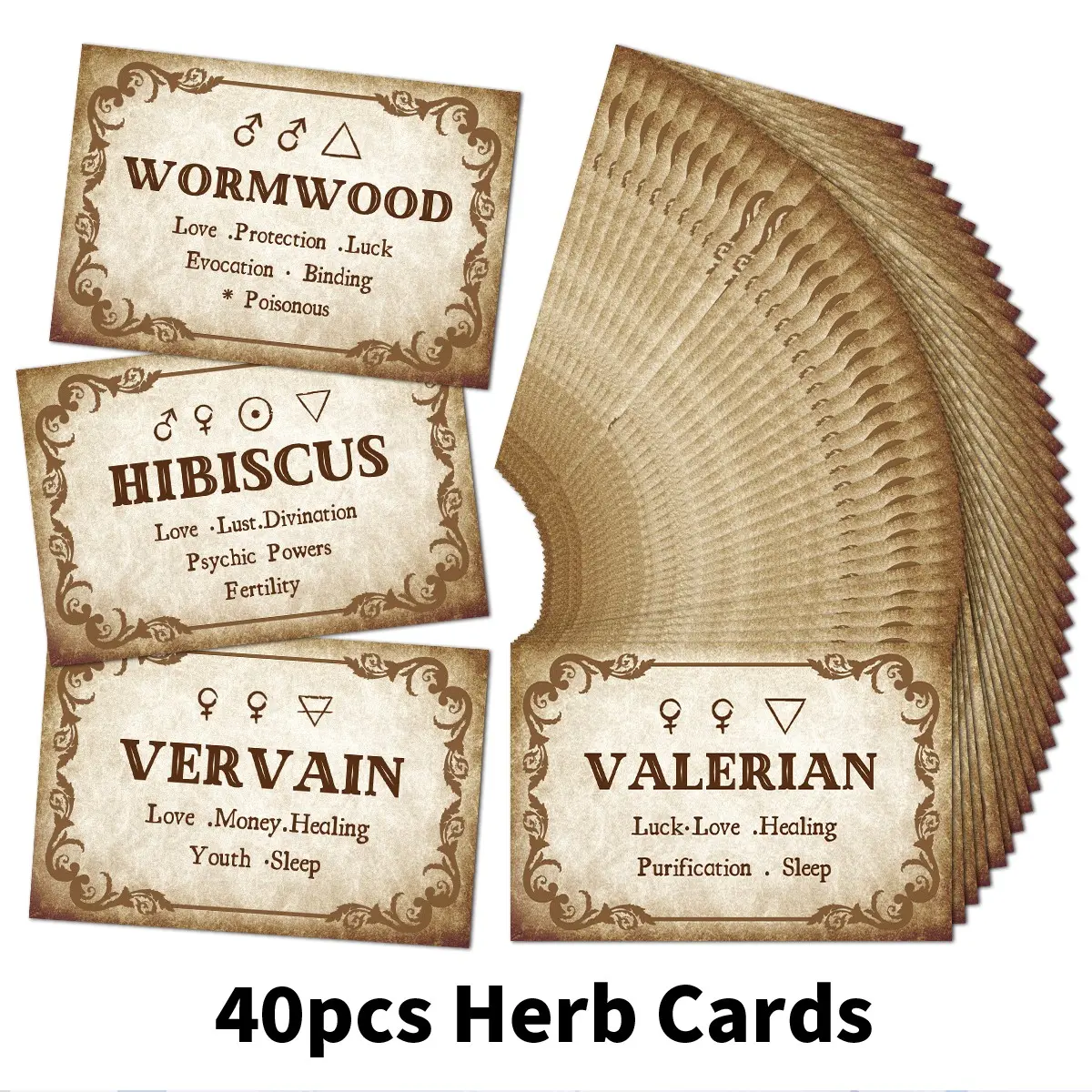 40 Vintage Witch Herb Label Cards, Plant Artwork Cards, Witchcraft Spell Card Making Kit, Contains Herb Information, And Magical Symbols, Plant Art Flashcards for Prayer And Meditation/Apothecary Journal/Witchcraft Reference Guide, Herbal Labels, Hibiscus