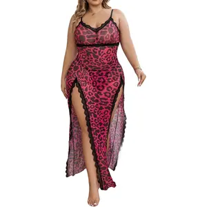 Womens Plus Size Leopard Mesh Lingerie Dress Split Long Slip Lace Trim Chemise Nightgown