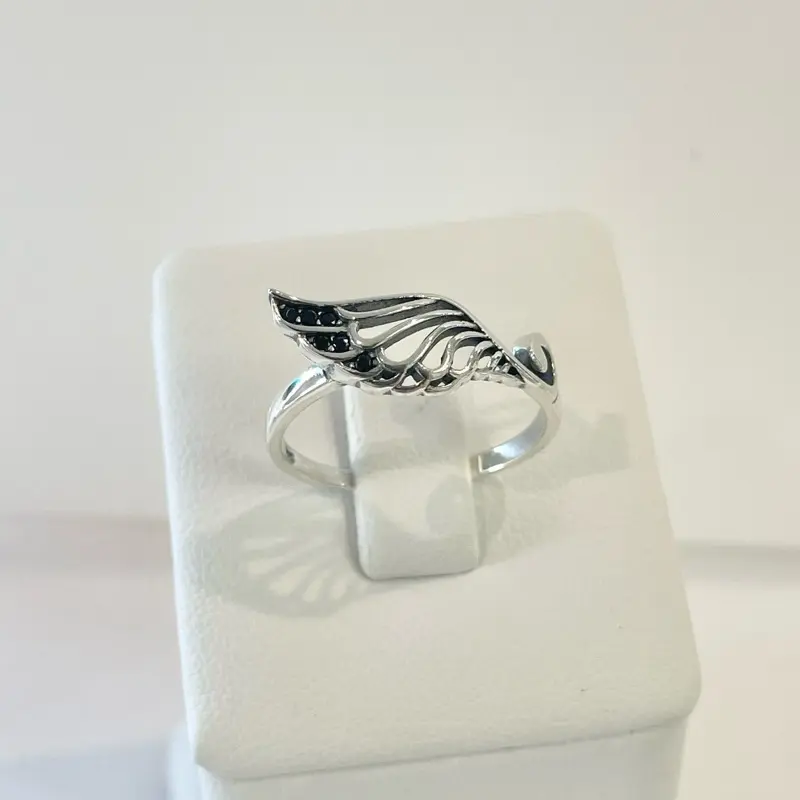 Sterling Silver 925 Black CZ Wing Dainty Thin Ring