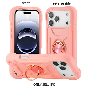 Colorful is suitable for iPhone 17 17Air 16ProMax 15Pro Max 14Plus iPhone 14/13 12 11 Pro Max shock-absorbing thick phone case with circular bracket, heavy-duty shock-absorbing military grade, fashionable rainbow pink, full phone protection Cover