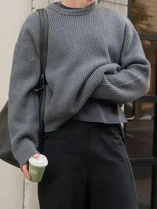 Men's Solid Color Crew Neck Drop Shoulder Jacquard Knitted Sweater, Loose Casual Comfy Long Sleeve Round Neck Jumper for Daily Outdoor Wear, Fashion Men's Knitwear for Fall & Winter