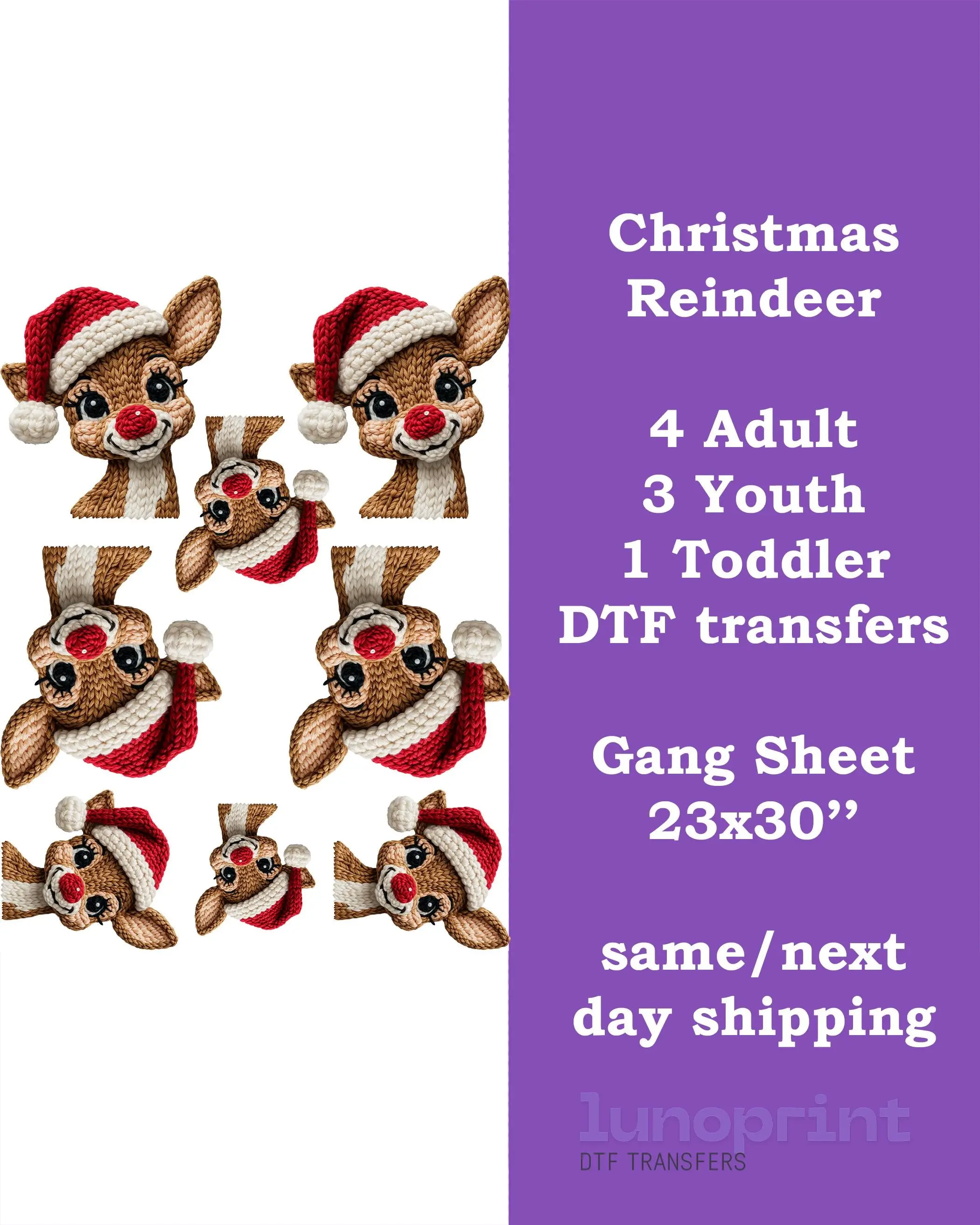Christmas Reindeer DTF Transfers Gang Sheet
