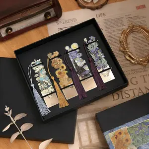 4 count Metal Bookmarks with Tassel, Sliver Hollow Bookmark Van Gogh Oil Painting Theme Bookmark Art Bookmarks for Book Lovers Writers Readers  Teens Men Women Adults (Van Gogh  Box)