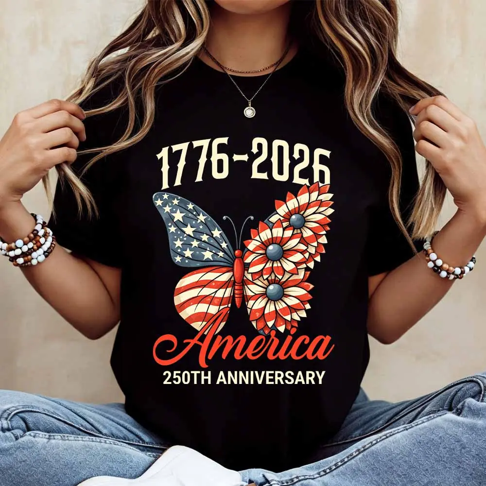 Butterfly American flag pattern T-shirt, printed with the words "1776 2026 250th Anniversary of the United States," white, casual loose fit, unisex crew neck T-shirt, comfortable for all seasons, made of 100% pure cotton