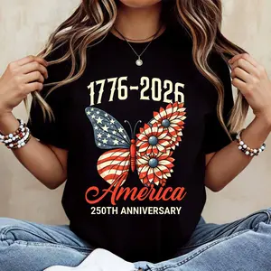Butterfly American Flag 1776 2026 America 250th Anniversary Print T Shirt White Casual Loose Fit For Everyday Wear And Outdoor ActivitiesUnisex Crew neck T-shirt for Men And Women,All-Season Comfort,Heavyweight 100% Cotton