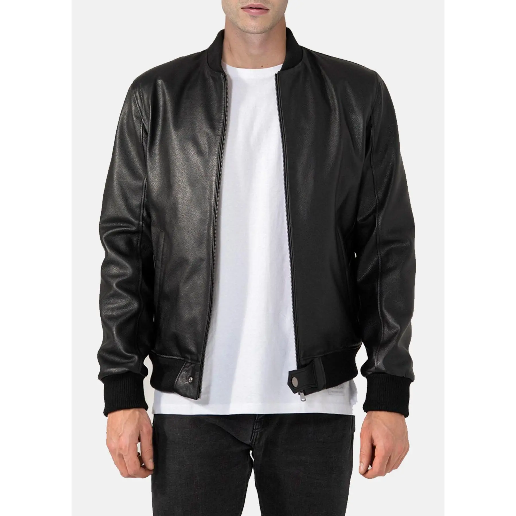 Mens Black Cow Leather Bomber Jacket
