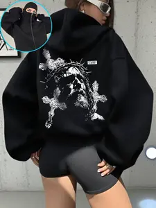Autumn Winter Women's Street Style Hooded Sweatshirt Jacket, Jesus Print Design, Loose Fit, Half-Zipper, Trendy Fashion Outerwear