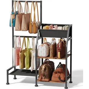 Homsorout Purse Organizer for Closet - Purse Rack Stand with 12 Hooks, 2 Wooden Shelves Purse Storage for Closet, Large Capacity Backpack Storage, Handbag Organizer for Home, Living Room, Black