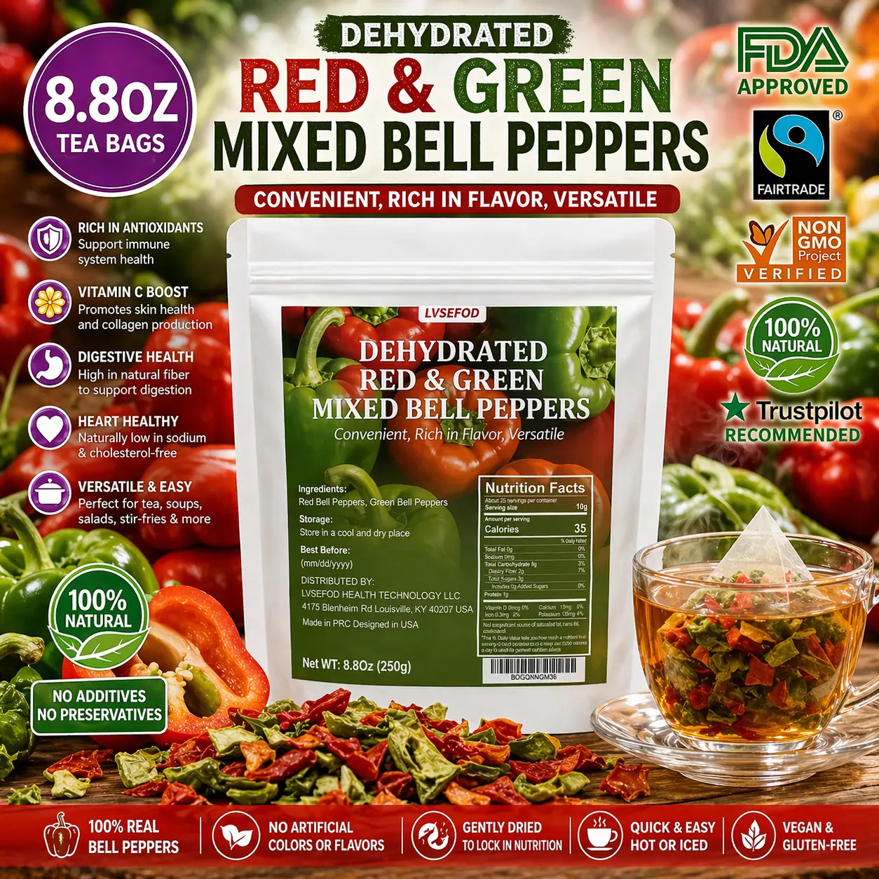 LVSEFOD Pure Bell Pepper Dried Blend, 8.8 Oz Naturally Dehydrated Red & Green Bell Pepper Flakes, Condiment for Ramen, Vegetable Soup, Outdoor Camping