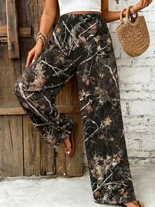 Fashion Forest Print Wide-Leg Pants Plus Size Casual Elastic Waist Loose Fit Trousers, Lightweight Breathable Fabric, Y2K Clothes Summer Outfits, Trendy Vacation Daily Wear, Comfortable Flowy Fit Streetwear Bottoms, Casual Comfy Stretchy