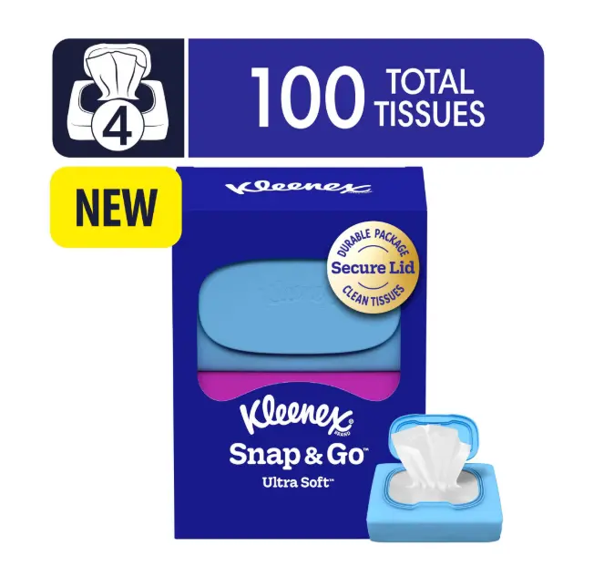 Kleenex Snap & Go Ultra Soft 3-Ply On-The-Go Facial Tissues, 4 Pack
