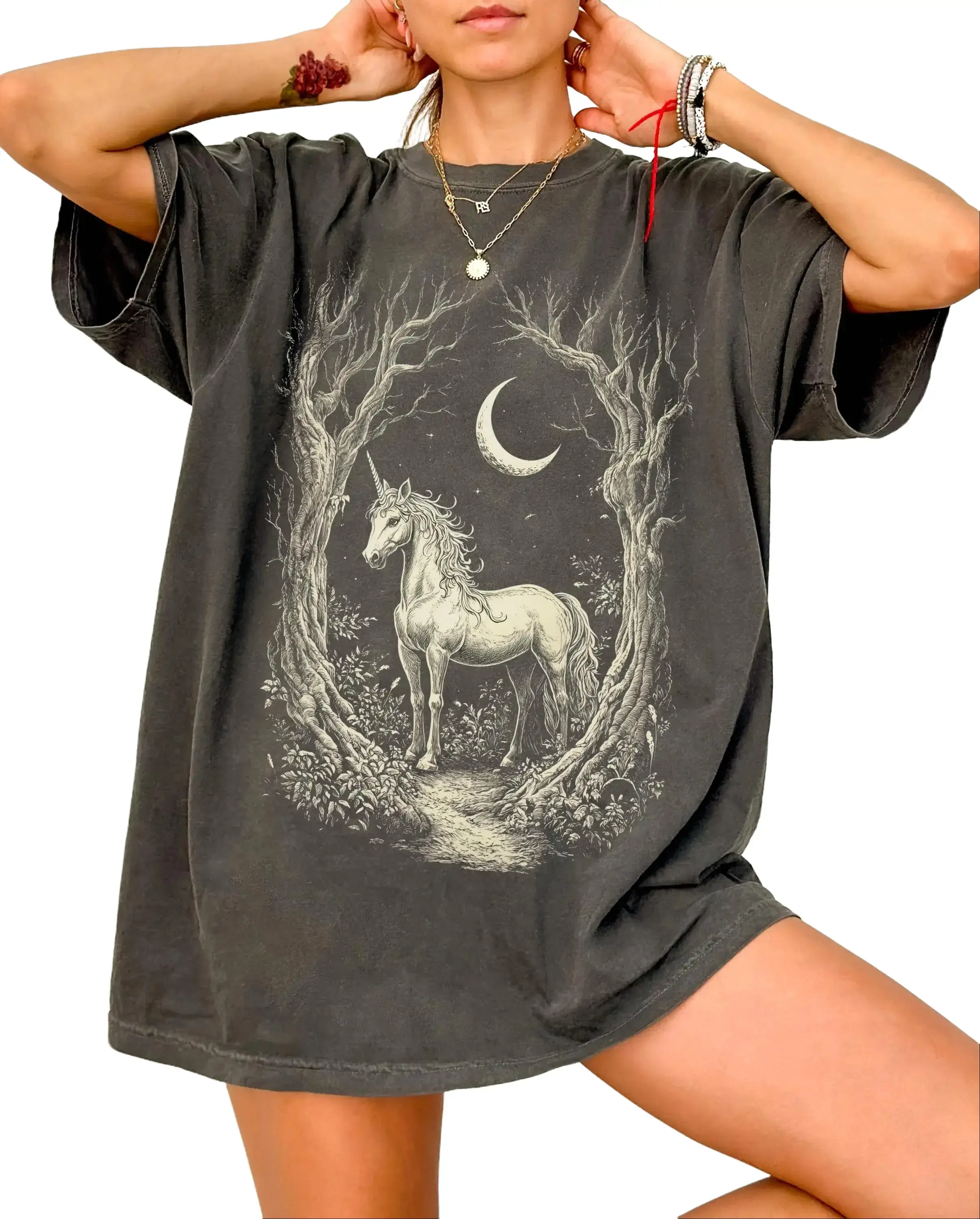 Comfort Colors Mystical Unicorn T-Shirt - White Unicorn Standing Beneath A Crescent Moon Between Old Forest Trees, Celestial Graphic For Women, Fantasy Lover Tee, Enchanted Woodland Shirt, Gothic Nature Style Cotton Fabric Tops Vintage Summer Streetwear
