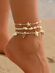 3pcs Bohemian Layered Anklet Jewelry Set for Women Golden-Tone Seashell&Starfish Charm Foot Jewelry Ideal for Beach Hawaiian Vacations