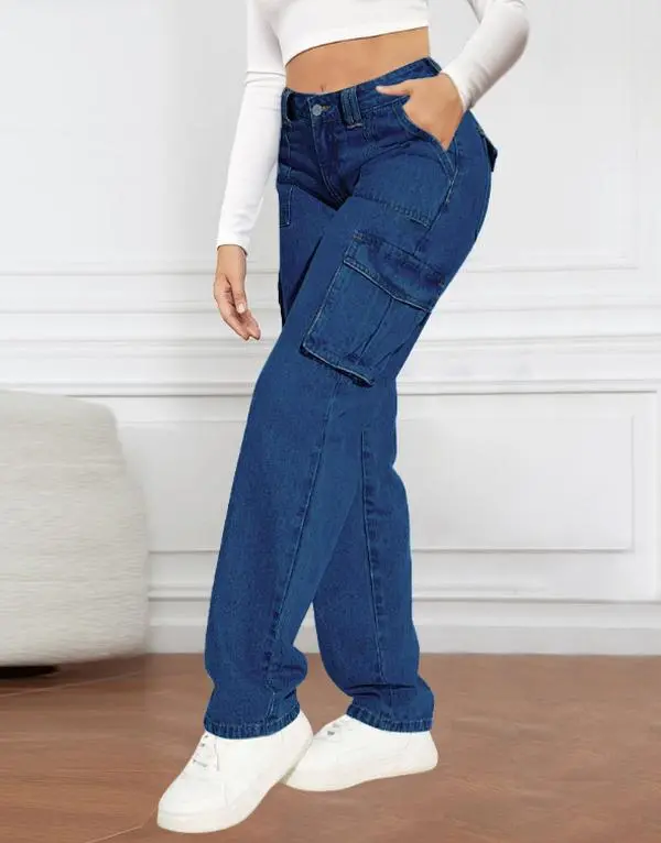Retro Classic Mid-Rise Practical Fashion Multi-Pocket Work Jeans Personality Style Women's Casual Straight Pants
