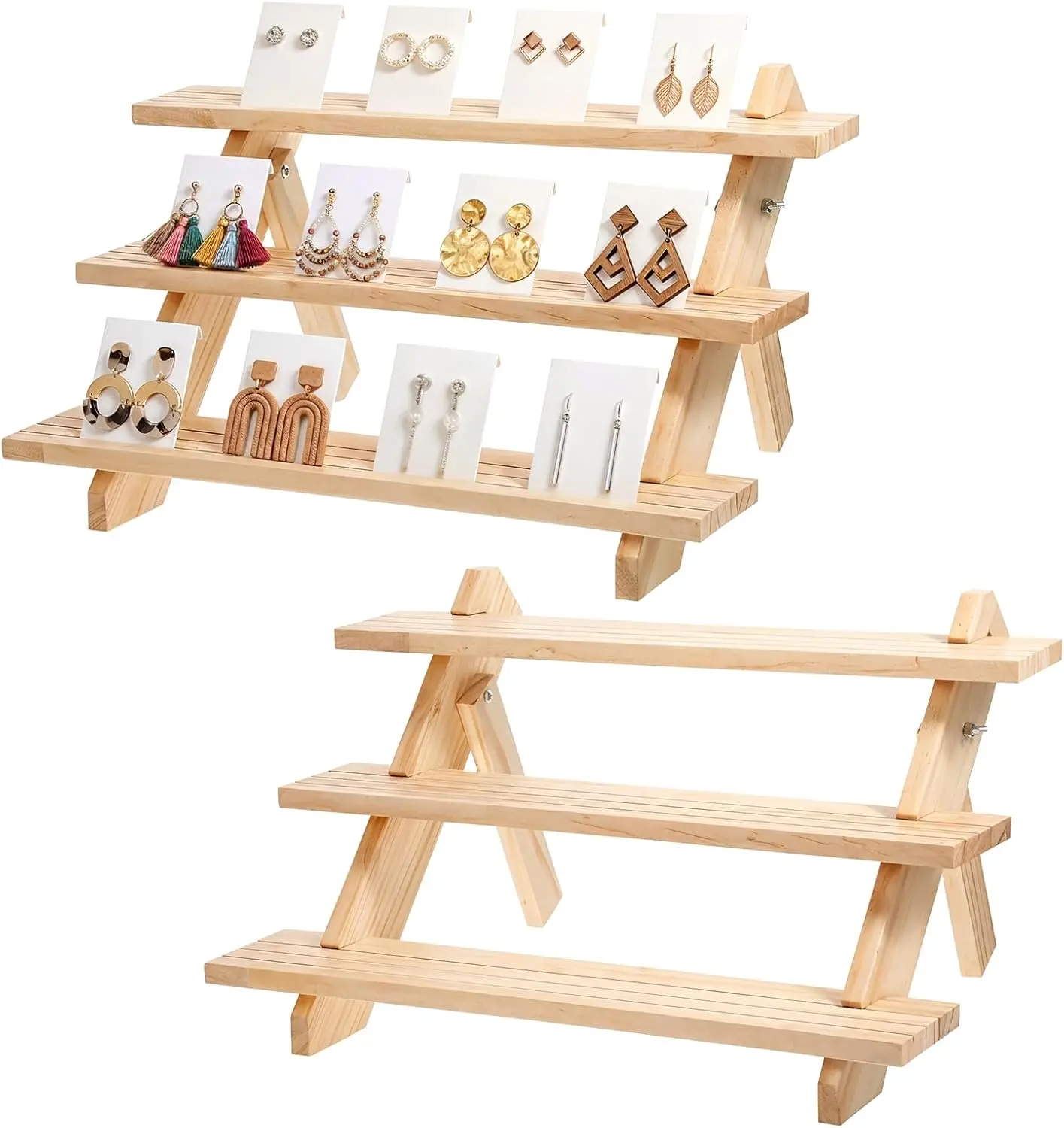 3- or 4-Tier Wooden Display Riser Stand, Home Organizer Storage Rack for Retail Tabletop Jewelry, Craft Fair Vendor Supplies, Cupcake Perfume Pop Action Figures