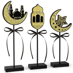 3-Piece Ramadan Decor Set, Eid Mubarak Tabletop Decoration, Islamic Layered Tray Ornament, Muslim Party Wooden Religious Home Decor (shiny)