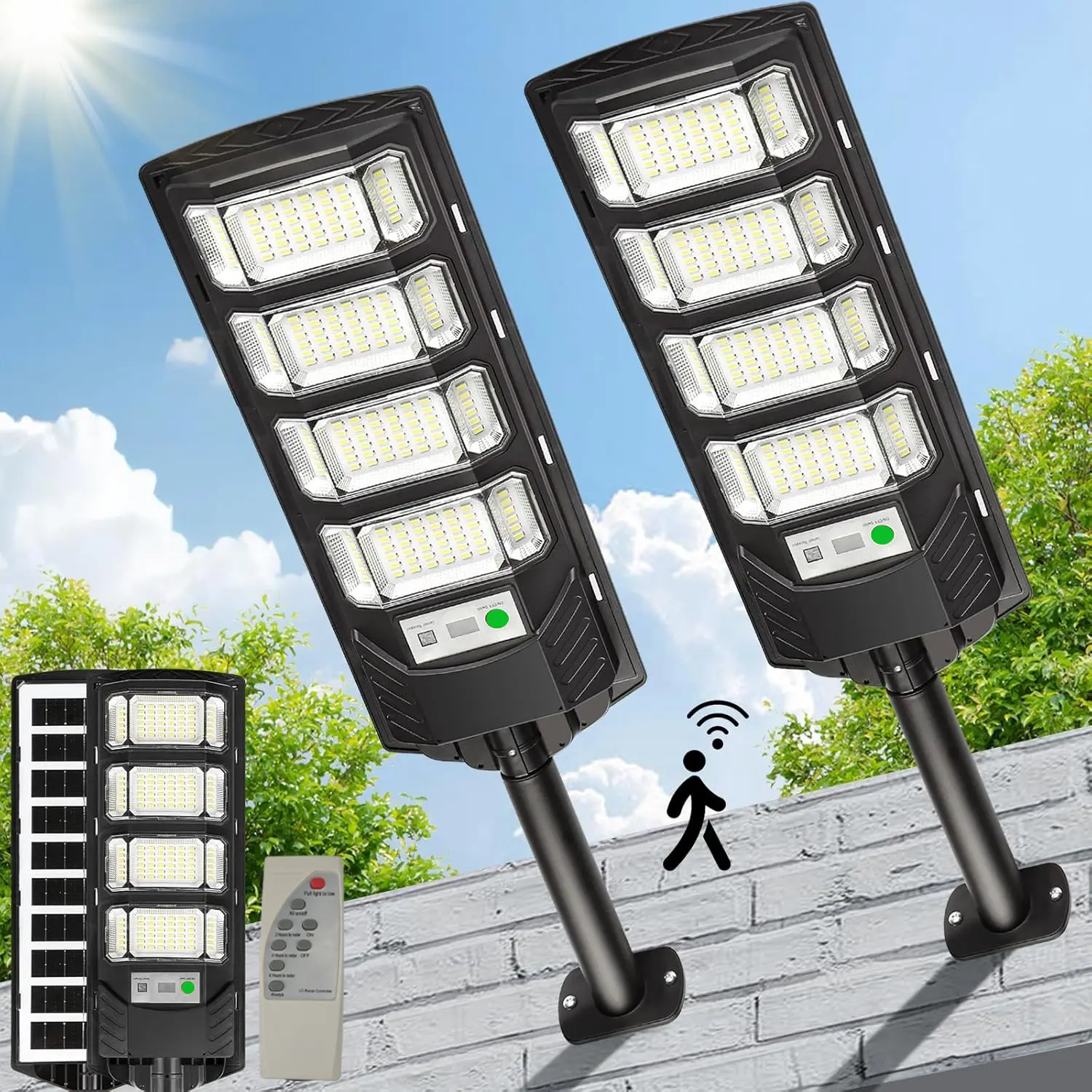 Solar-Powered Outdoor Lights Set with Solar Panels, 240-LED Sensor Streetlights, 8000 Lumens Brightness, IP65 Waterproof, Remote Control Compatible, Ideal for Patios, Courtyards, Solar-Powered Solar Panels