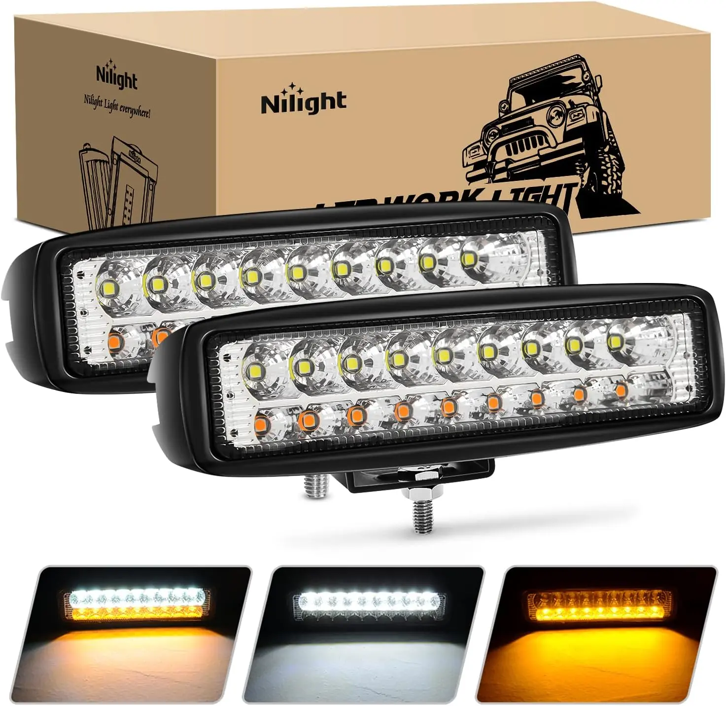 Nilight 2PCS 6-Inch 54W Waterproof White/Amber Aluminum LED Work Light Bars - Offroad Lighting with Heat Dissipation for ATV, Lawn Mower, Golf Cart, Car Accessories, Work Light Bar