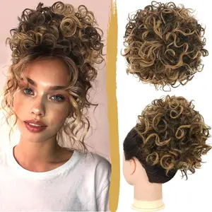 Messy Bun Short Curly Ponytail Extension Elastic Drawstring Loose Hair Bun for Women with Thinning Hair High Temperature Synthetic Fiber Hair Bun Extension 80g, Brown Mixed Dark Blonde highlight wig Invisible Hairpiece Pre Cut Closure