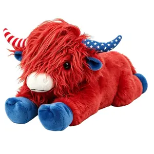 Patriotic Highland Cow Plush Toy, Red White Blue Stuffed Animal with Stars & Stripes Horns, Cute American Flag Cow Plushie for 4th of July Decor #FFM