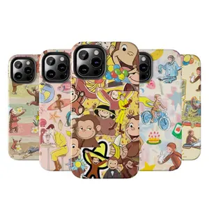 Curious George Monkey Double Layer Phone Case, Aesthetic Cartoon Tough Phone Case for iPhone 16, 15, 14, 13, 12 Pro Max Plus Series