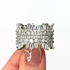 JJ CHIC Irregular Full Circle Ring Band for Women S925 with Micro Pave Design CZ Stones - Silver Personal Statement Jewelry Ring Band