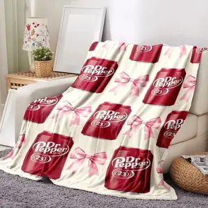 Trendy Soda Can and Pink Bow Flannel Blanket, Coquette Aesthetic Soda Lover Plush Throw, Cute Girly Room Decor for Dr Pepper Fans, Ultra-Soft Cozy Fleece for Dorm and Bedroom, Unique Soda Themed Gift for Her, Aesthetic All-Season Wrap
