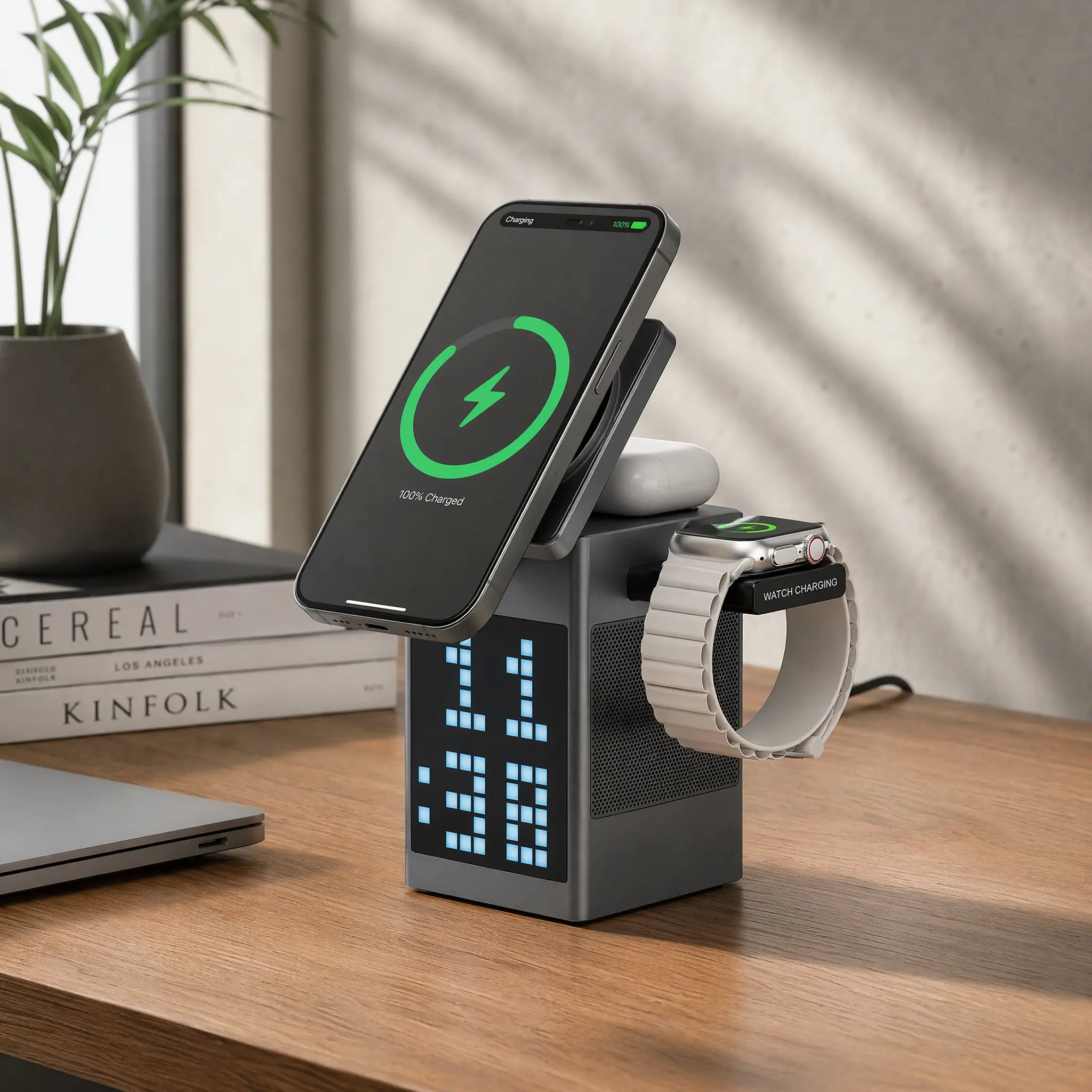 6 In 1 Magnetic Wireless Charger Stand For iPhone 17 16 15 14 13 12 Series Apple Watch AirPods With Wireless Speaker Pixel Clock Night Light Rotating Mag Safe Dock For Desk Bedside Table Fast Charging Station