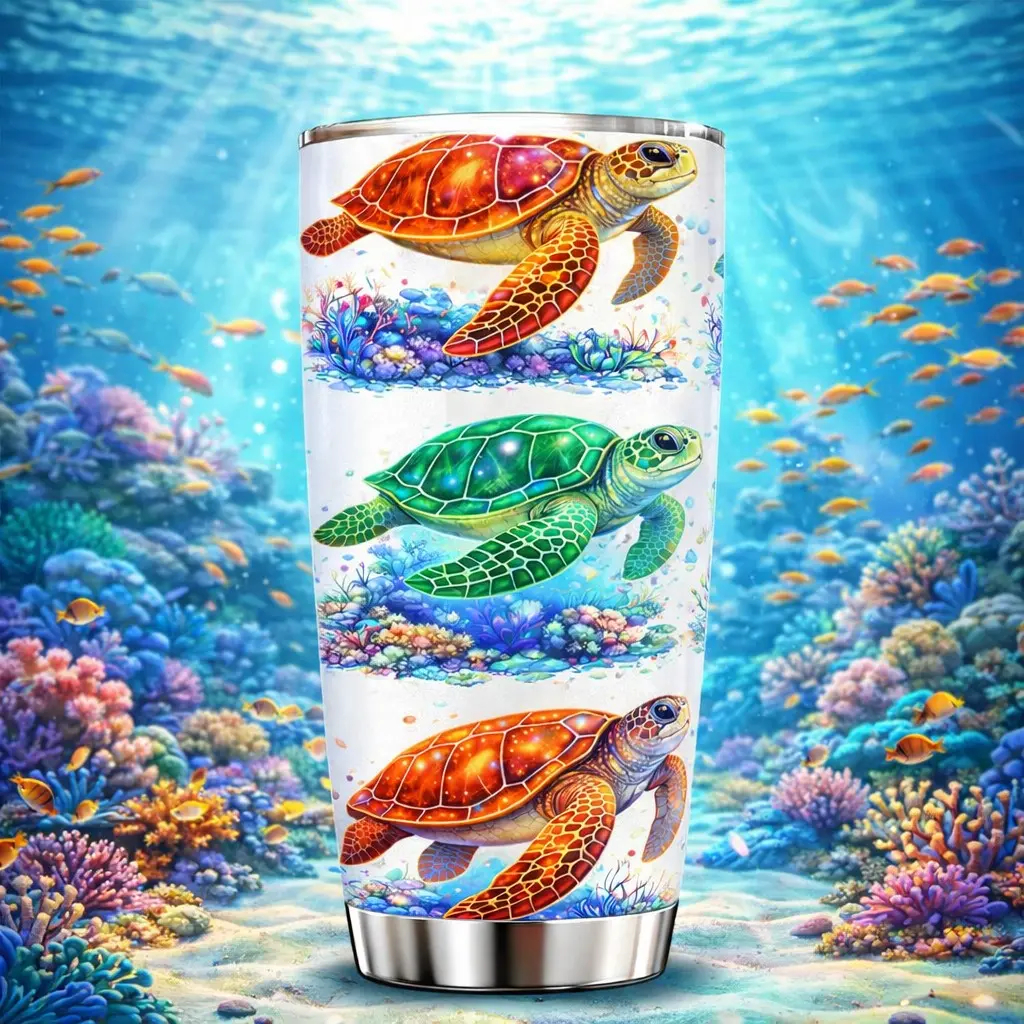 AuraCup 1pc 20oz Stainless Steel Insulated, Thermal Tumbler with Lid, Insulated Vacuum Tumbler, Colorful Sea Turtle Ocean Design Travel Cup, Valentine’s Day Gift, Birthday and Holiday Gift, Home Kitchen Supplies, Theme Event Decoration, Drinkware