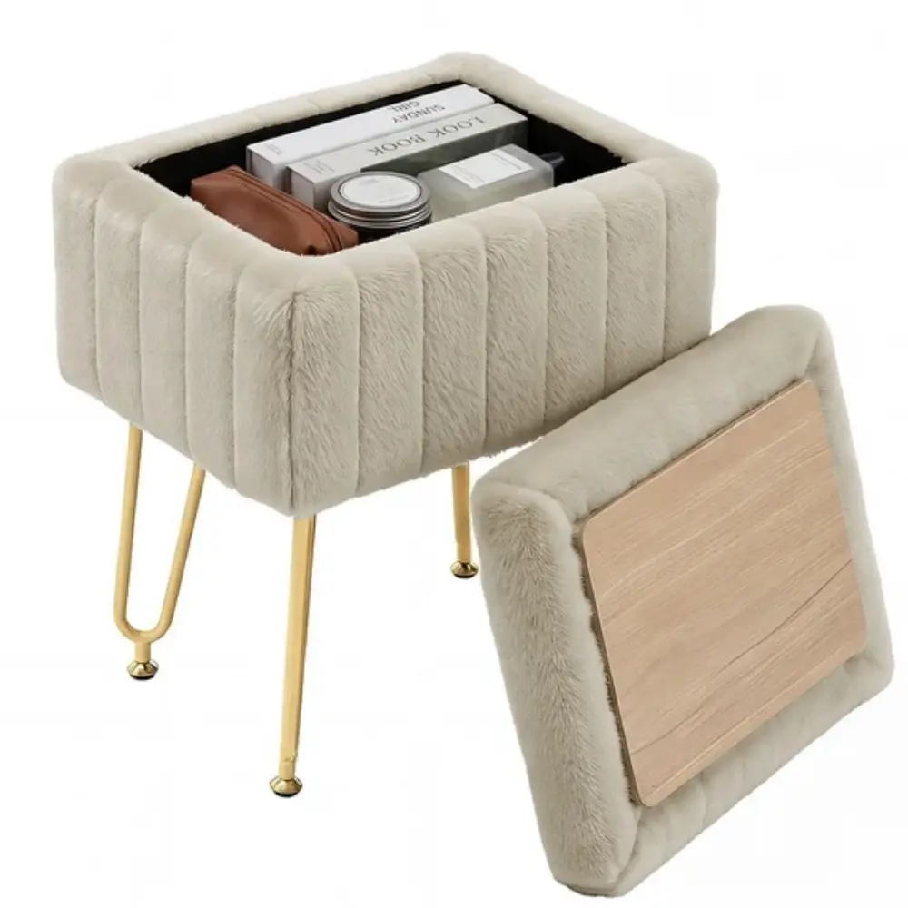 Square Desktop Storage Footstool - Comfortable Multi-Functional Stool for Living Room, Bedroom, Makeup Use - Camel/Black Colors