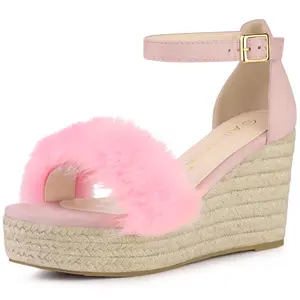 BLISSFUL STEP Espadrille Platform Heels Faux Fur Wedge Sandals