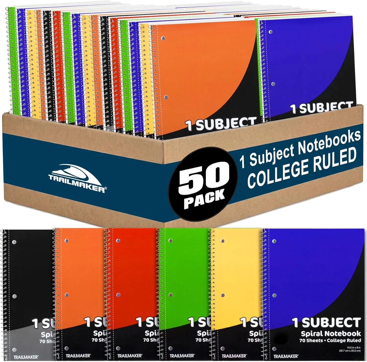 Trail Maker Bulk Notebooks (50 Pack), One Subject Notebooks College Ruled, 140 Pages (70 Sheets),Spiral Bulk Notebooks for Kids, School Supplies, Journaling, Note Taking, Students, and Work Trail maker