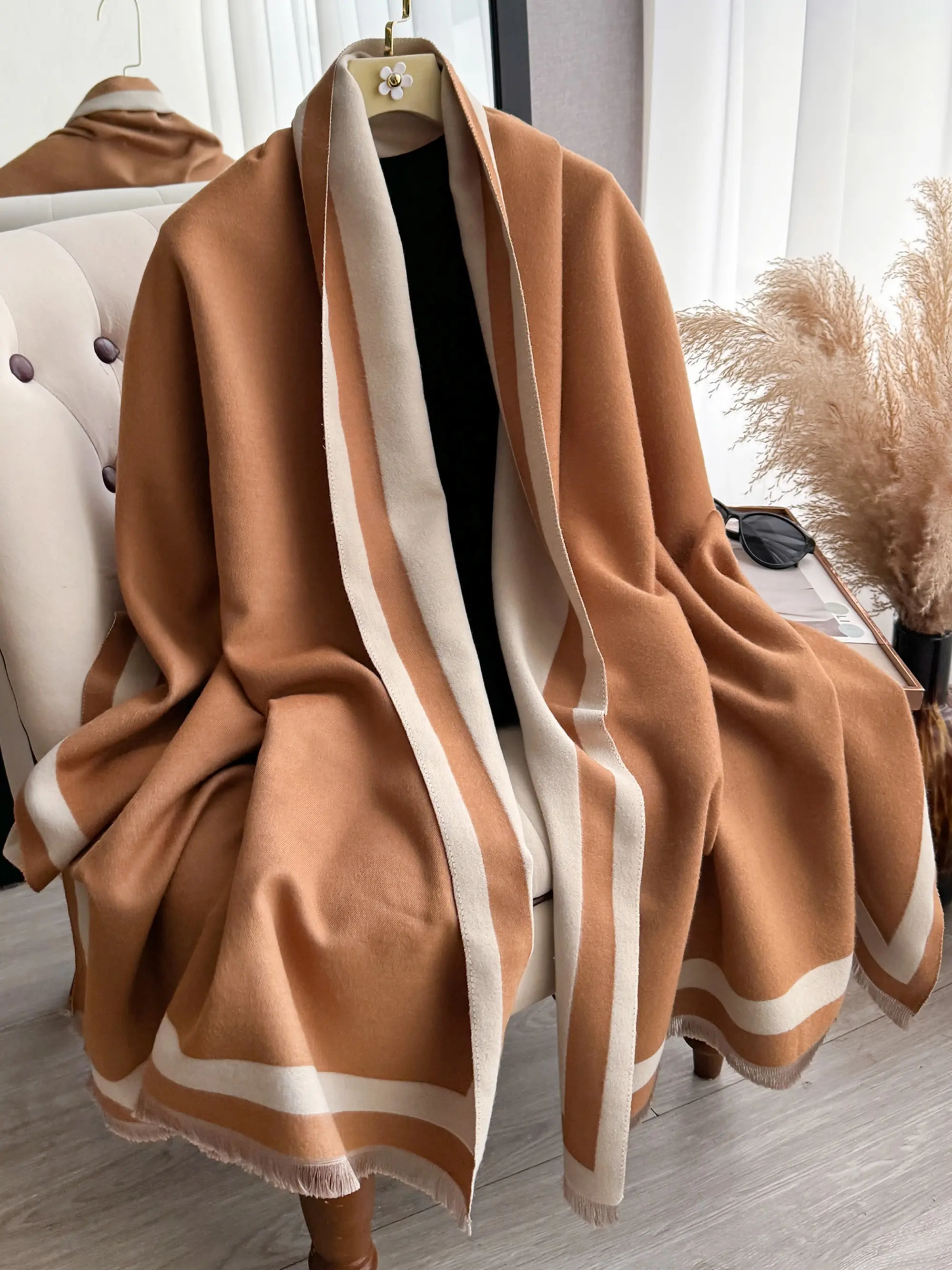 Women's Elegant Autumn Winter Warm Scarf, Soft Woven Fabric, Fashionable Multifunctional Shawl, Casual Style, Thick Fitted Design, Scarf Wrap