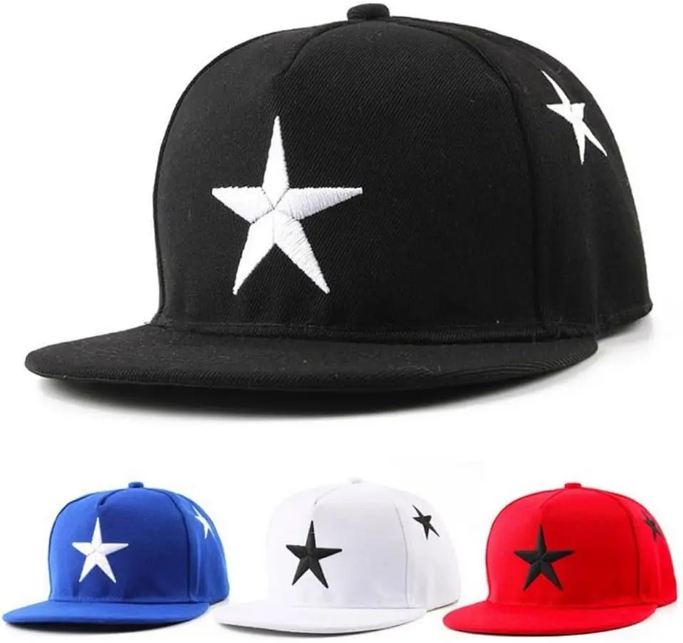Kids Snapback Cap Flat Brim Baseball Hat with Star Embroidery Wide Brim Streetwear Hip Hop Cap Sun Hat for Boys Girls 3-10