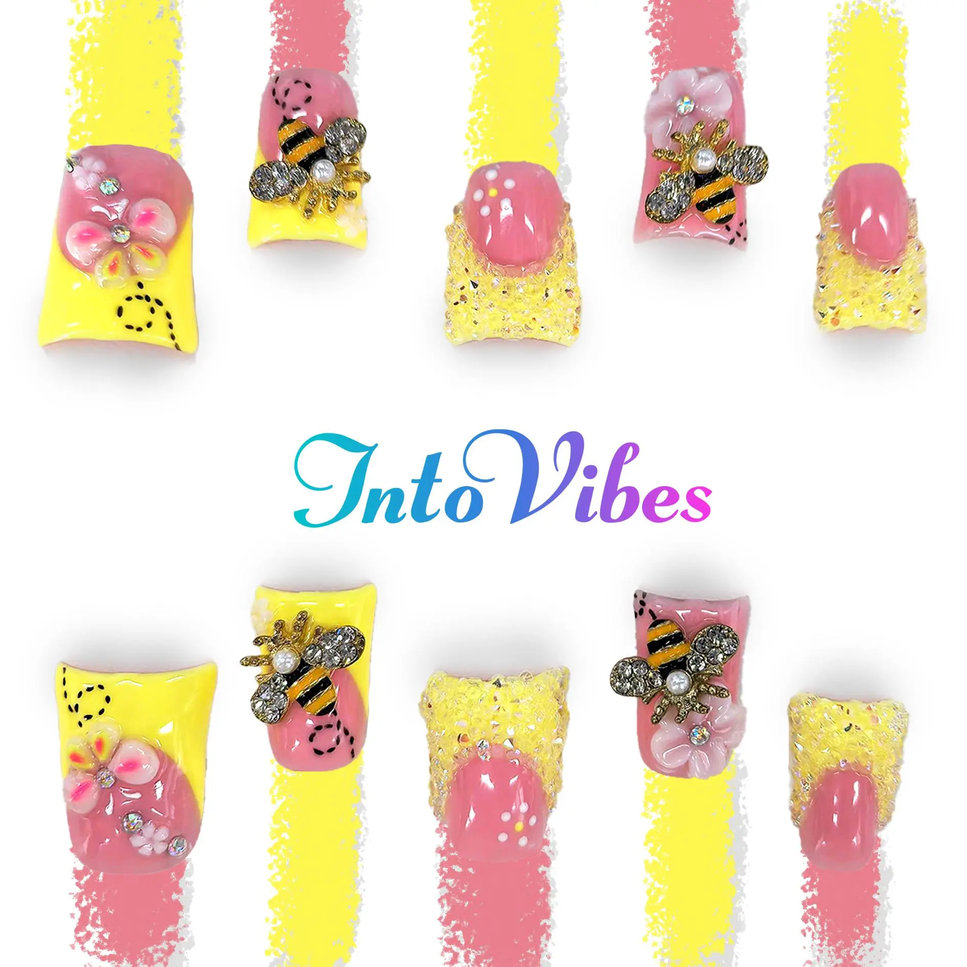 IntoVibes Stellar Bow Duck Tip acrylic press on nails 10 Pcs Handmade 2026 Spring Zebra Print with Black Bows Stars & Spaceship Charms Y2K Cosmic Glam Reusable Gel Acrylic Nails Glossy Finish office wear light base St. Patrick’s Day Nails Easter Summer