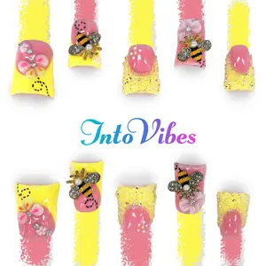 IntoVibes Stellar Bow Duck Tip acrylic press on nails 10 Pcs Handmade 2026 Spring Zebra Print with Black Bows Stars & Spaceship Charms Y2K Cosmic Glam Reusable Gel Acrylic Nails Glossy Finish office wear light base St. Patrick’s Day Nails Easter Summer