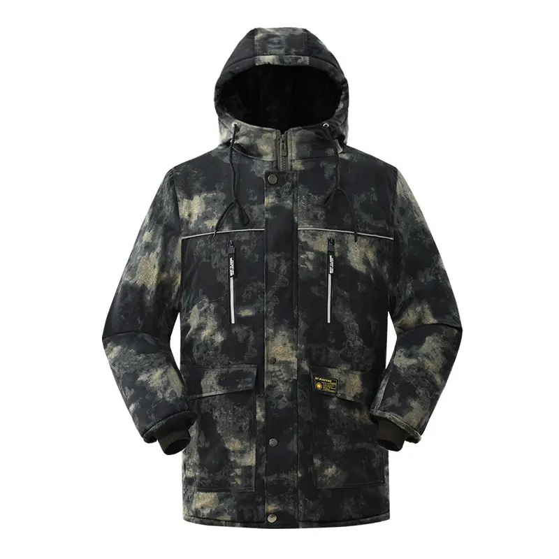Men's Long Military Camouflage Cotton Parka - Thermal Fleece-Lined Cargo Coat with Hood, Zippers, Pockets for Cold Weather Outdoor Workwear, Coats, Oversized, Shell, Thigh Length, Cargo Pockets, Jackets, Menswear, Camouflage Print, Tops, Long Sleeve, Flam