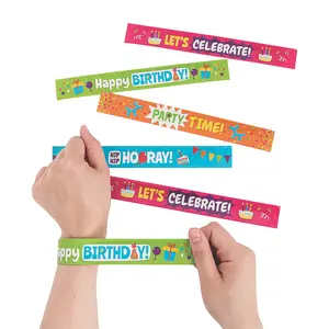 9" x 1" Multicolor Happy Birthday Metal Slap Bracelets - 12 Pc.