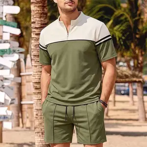 This mens olive green color block quarter zip polo short set is a summer wardrobe must have. Soft breathable fabric with a sleek modern design perfect for beach days casual outings or date nights. Effortless style that keeps you cool and comfortable all d