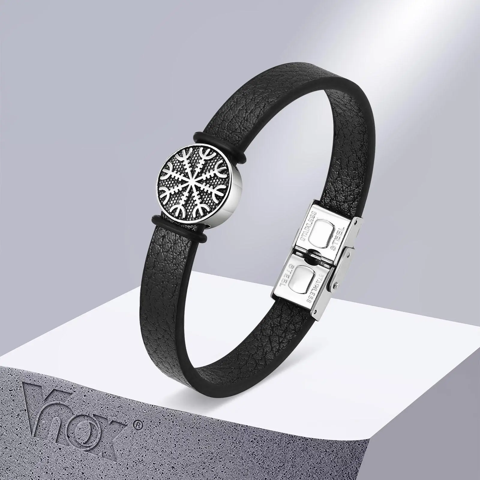 Vnox Norse Viking Compass Charm Bracelets for Men, Black PU Leather Bangle, Protective Amulet Jewelry