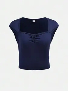 SAMPLEI Tween Girl Navy Blue Knit Solid Ruched Bust Sweet Academic Casual T-Shirt