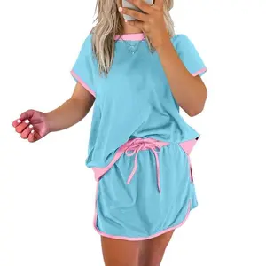 Women's Summer 2 Piece Outfits Colorblock Drop Shoulder Tops Matching Skort - Womenswear - Clothes Casual Love