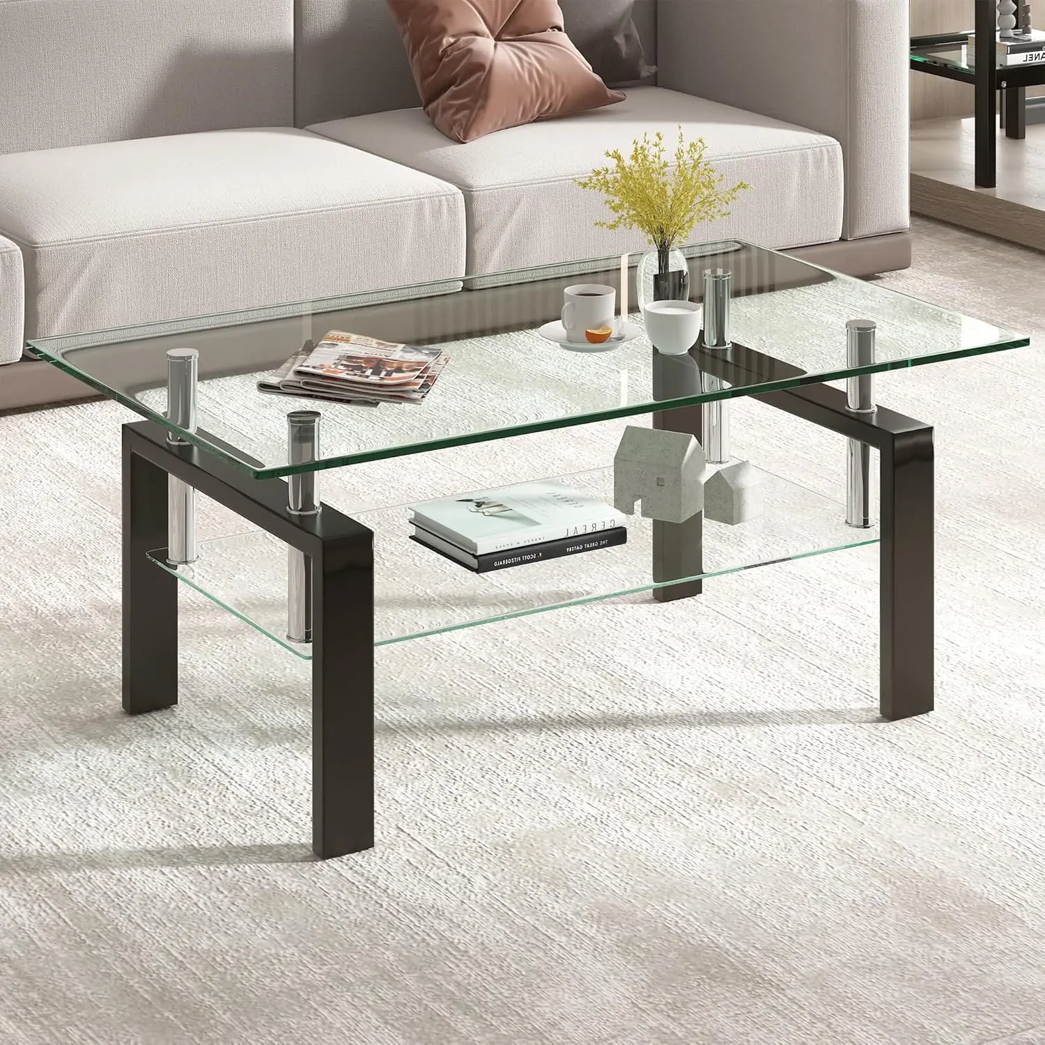 Glass Coffee Table for Living Room, Mordern Cocktail Table 2 Layer Sofa Center Tables with Storage Clear Rectangle Tempered Glass Black Metal Leg Home Office