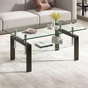 Glass Coffee Table for Living Room, Mordern Cocktail Table 2 Layer Sofa Center Tables with Storage Clear Rectangle Tempered Glass Black Metal Leg Home Office