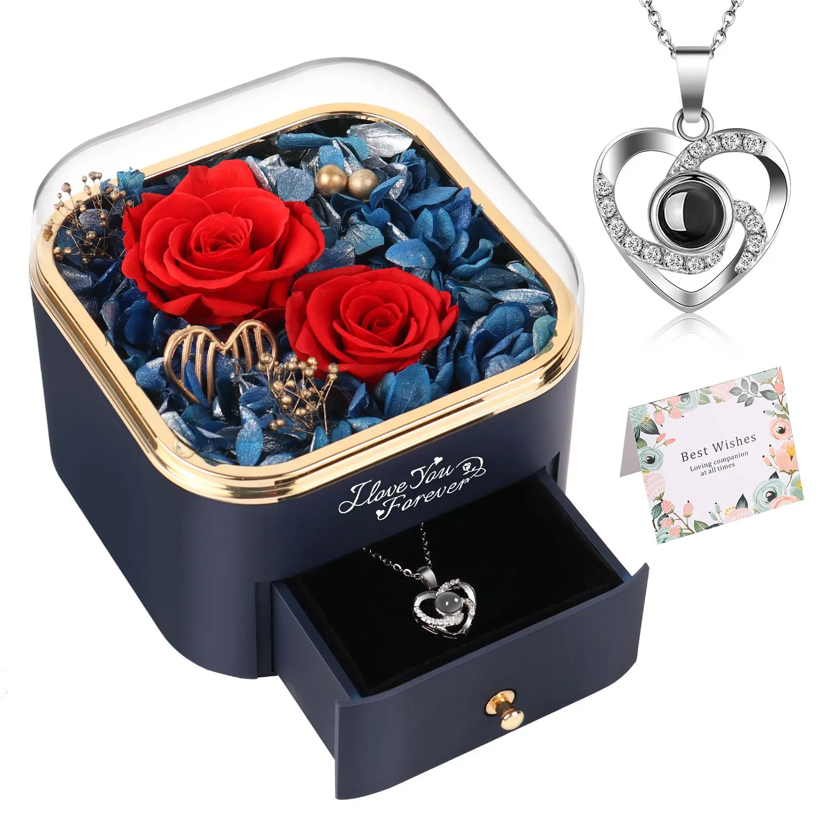 DEEMEI Preserved Real Rose Gifts for Women, Eternal Forever Rose Jewelry Box with Love Necklace for Mom Wife Girl Couple for Christmas Birthday