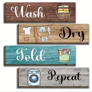 Laundry Room Wash Dry Fold Repeat Wooden Sign Signage, 4 Counts/set Wash Dry Fold Repeat Wooden Wall Decor, with Double-sided Tape
