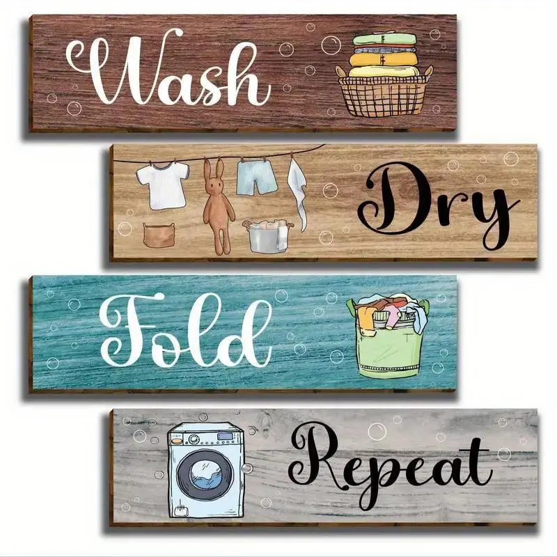 Laundry Room Wash Dry Fold Repeat Wooden Sign Signage, 4 Counts/set Wash Dry Fold Repeat Wooden Wall Decor, Decorative Wall Sign, with Double-sided Tape