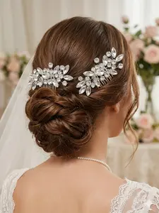 2 Piece Set Elegant Rhinestone Floral Leaf Bridal Hair Combs, Wedding Banquet Maid of Honor Hair Accessories, Shiny Diamond Hair Decorative Comb